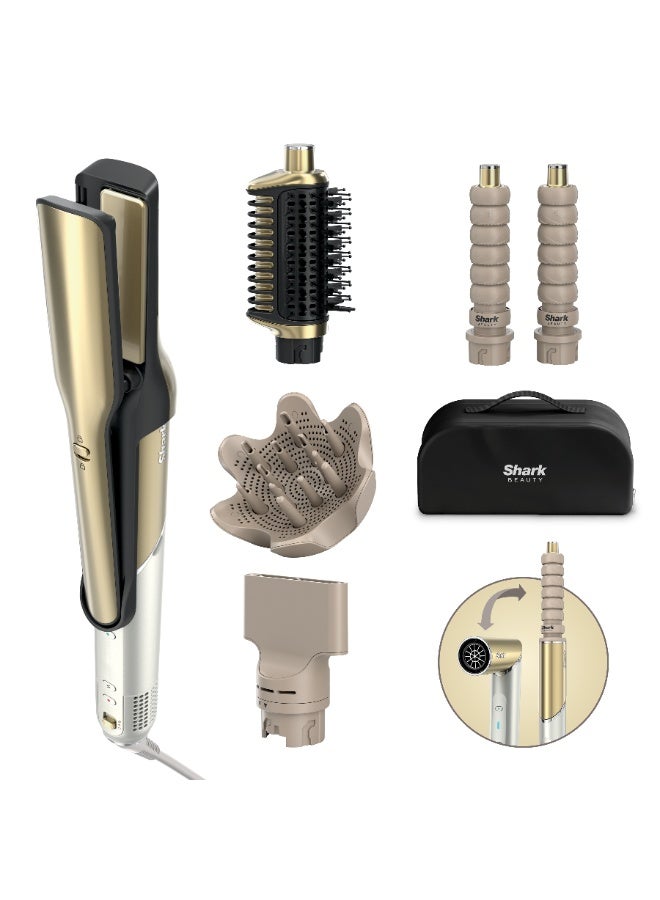 Shark Glam 5-In-1 Ceramic & Powerful Air Styling & Drying System, Straightener, Auto-Wrap Curlers, Concentrator, Diffuser and Storage Case, No Heat Damage, Gold & White, HD6052SME - Image 1